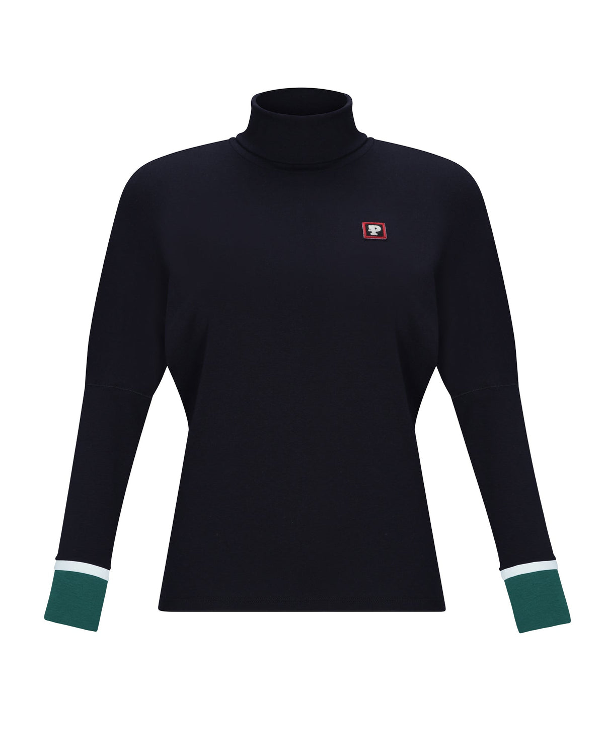 A women's long-sleeve turtleneck top in black, featuring a small red and white embroidered logo on the left chest and contrasting dark green cuffs with thin white stripes.