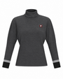 A dark gray long-sleeve turtleneck top with a small red and white logo on the left chest and contrasting black and light gray cuffs, shown on a plain white background.
