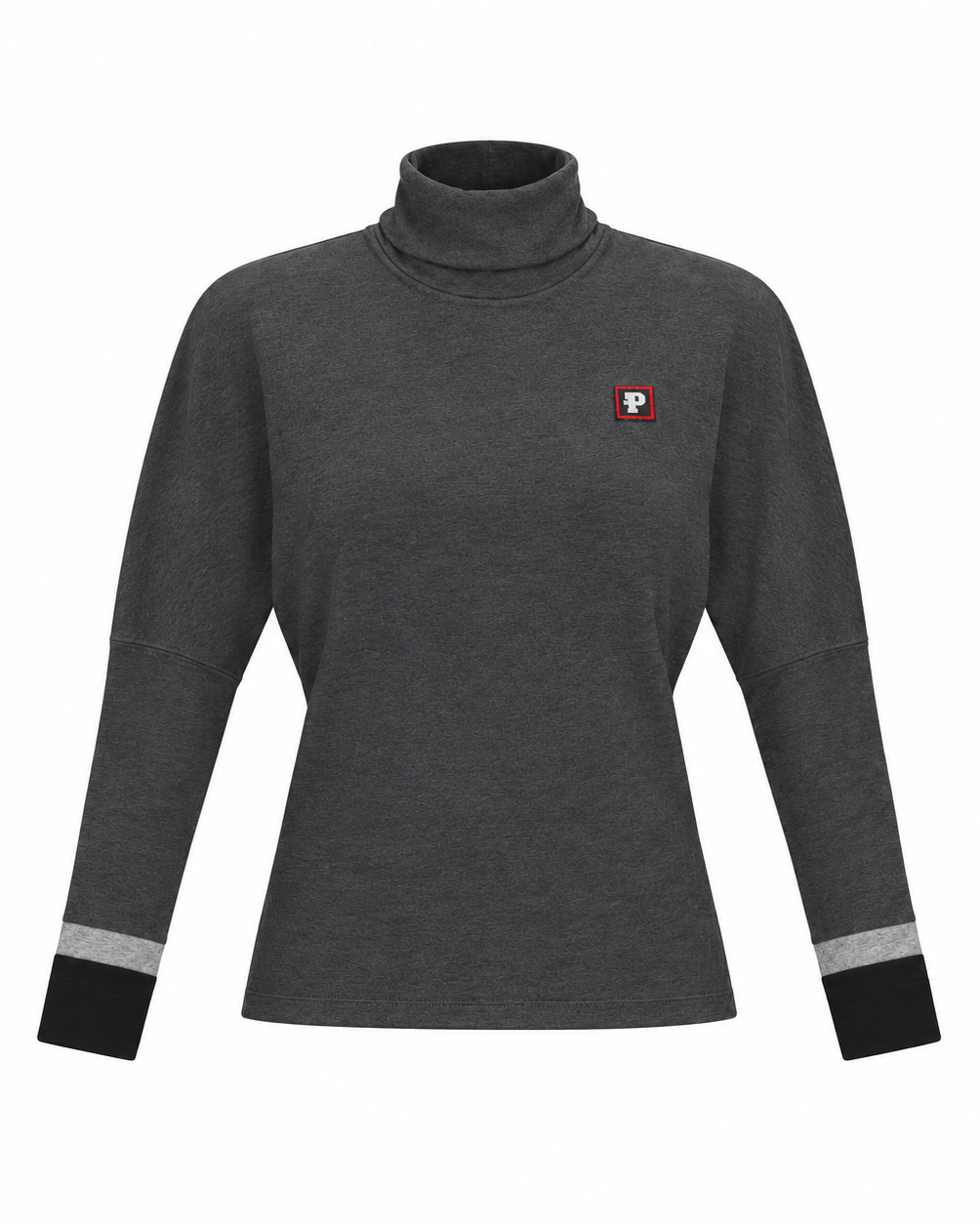 A dark gray long-sleeve turtleneck top with a small red and white logo on the left chest and contrasting black and light gray cuffs, shown on a plain white background.