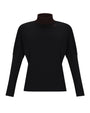 A black long-sleeve mock neck sweater with a contrasting dark brown inner collar and subtle brown piping details on the shoulders and sleeves, shown against a plain white background.
