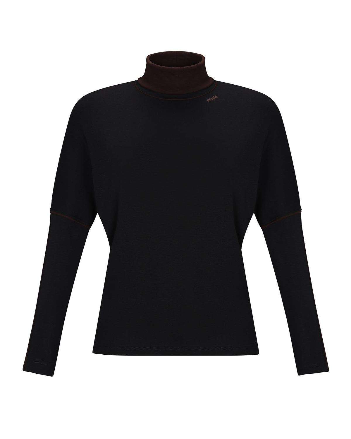 A black long-sleeve mock neck sweater with a contrasting dark brown inner collar and subtle brown piping details on the shoulders and sleeves, shown against a plain white background.