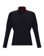 A dark navy long-sleeve mock neck sweater with a contrasting dark red inner collar and subtle red piping details on the shoulders and sleeves, shown against a plain white background.