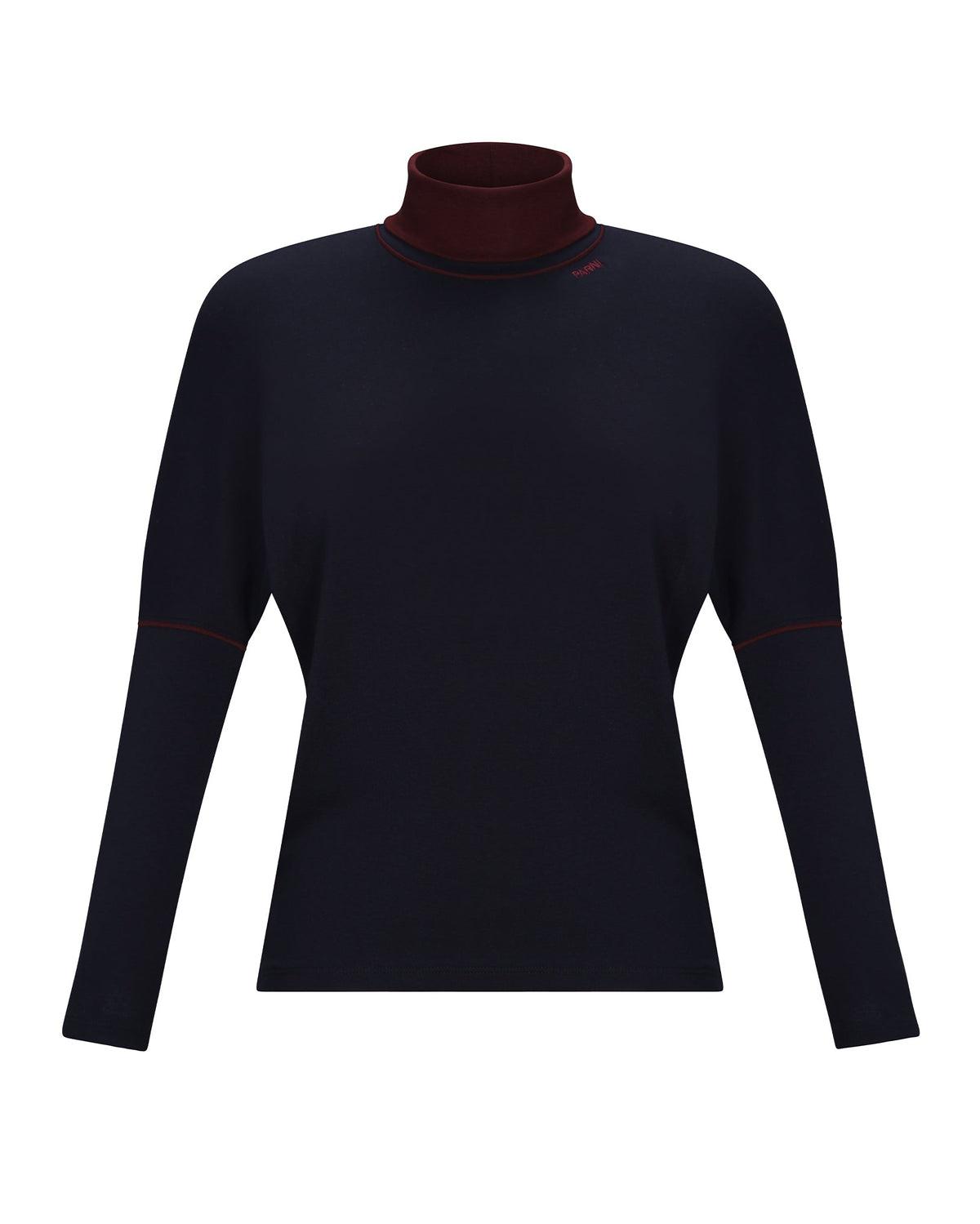 A dark navy long-sleeve mock neck sweater with a contrasting dark red inner collar and subtle red piping details on the shoulders and sleeves, shown against a plain white background.