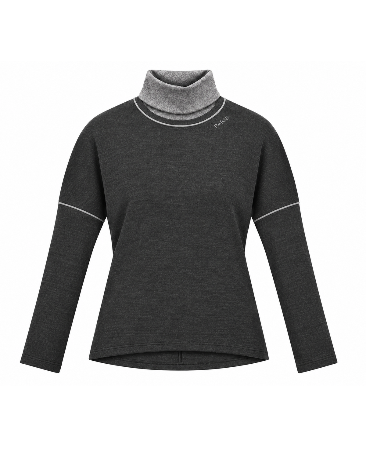 A dark gray long-sleeve turtleneck sweater with a heather gray inner collar and thin white contrast stitching details, shown on a plain white background.