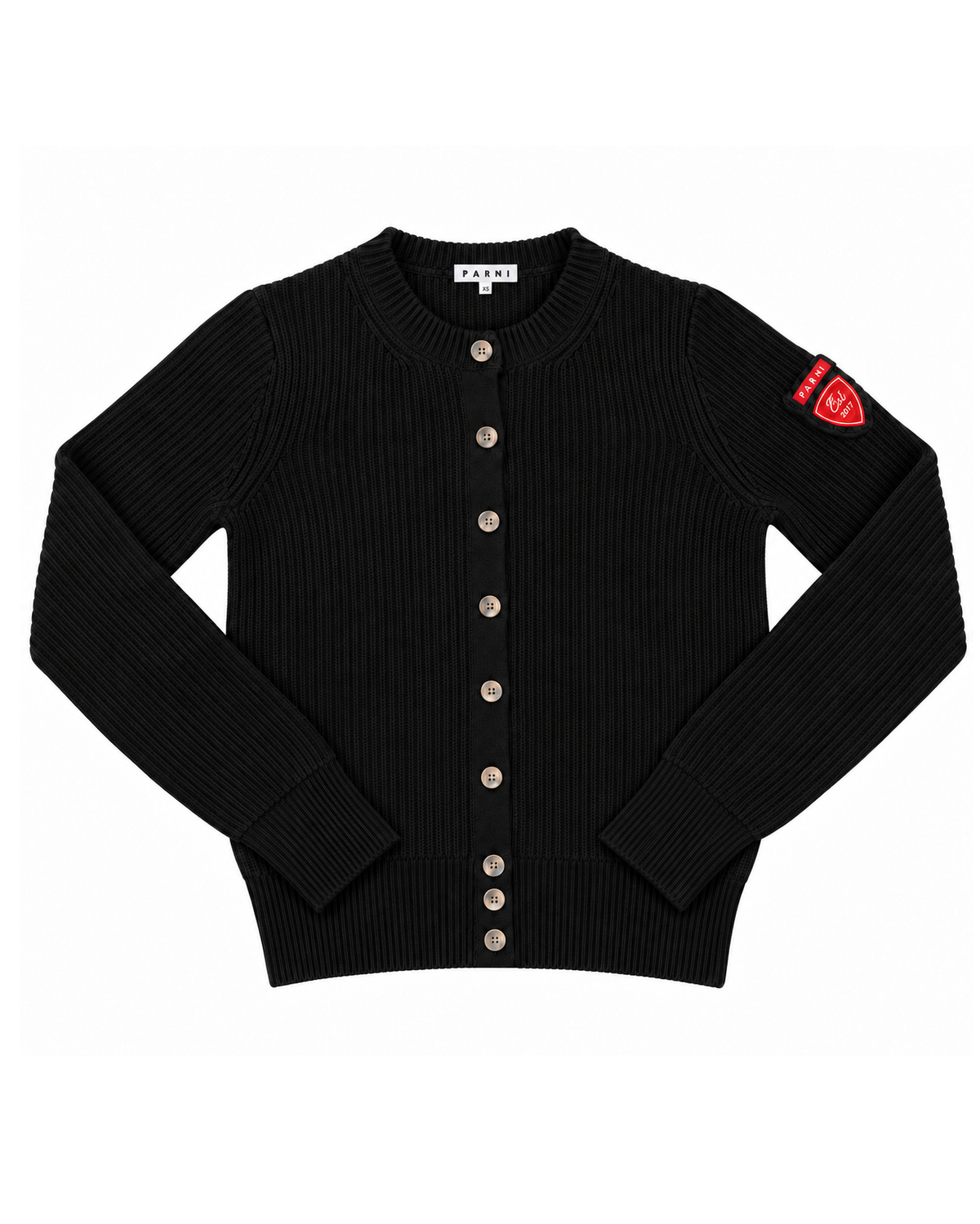 A black ribbed knit cardigan sweater with brown buttons, featuring a red shield logo patch on the left sleeve and a visible 'SWEATERS' brand label at the collar, shown flat on a white background.