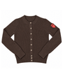 A dark brown ribbed knit cardigan sweater with a button-up front and a small red shield logo patch on the left sleeve, shown flat on a white background.