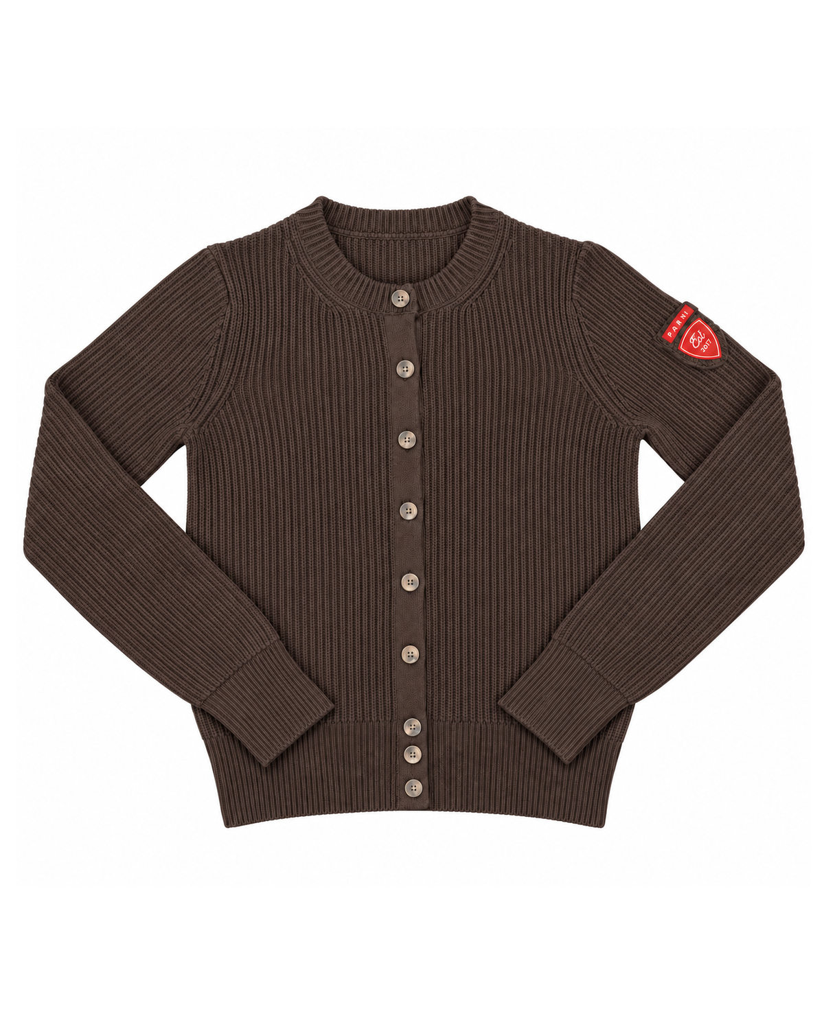 A dark brown ribbed knit cardigan sweater with a button-up front and a small red shield logo patch on the left sleeve, shown flat on a white background.