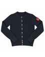 A navy blue ribbed knit cardigan sweater with a button-up front, gold buttons, and a red shield logo patch on the left sleeve, shown flat on a white background.