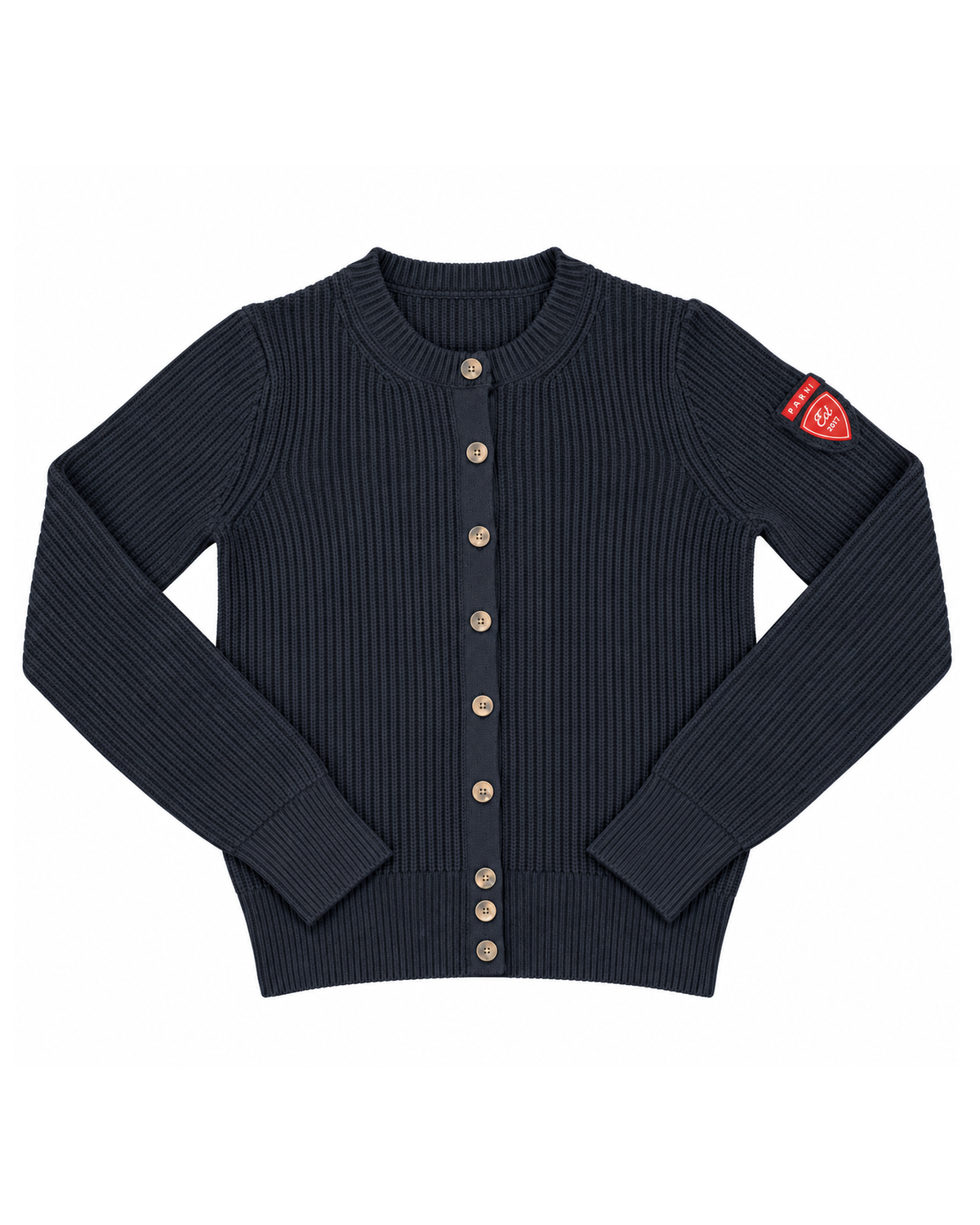 A navy blue ribbed knit cardigan sweater with a button-up front, gold buttons, and a red shield logo patch on the left sleeve, shown flat on a white background.