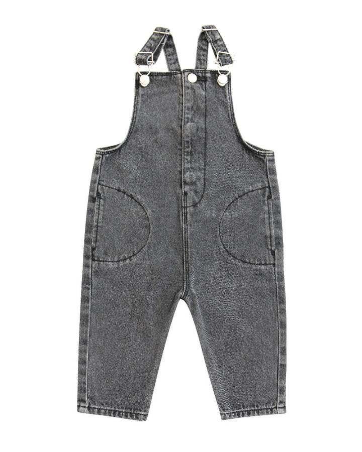 Black denim overalls on a white background