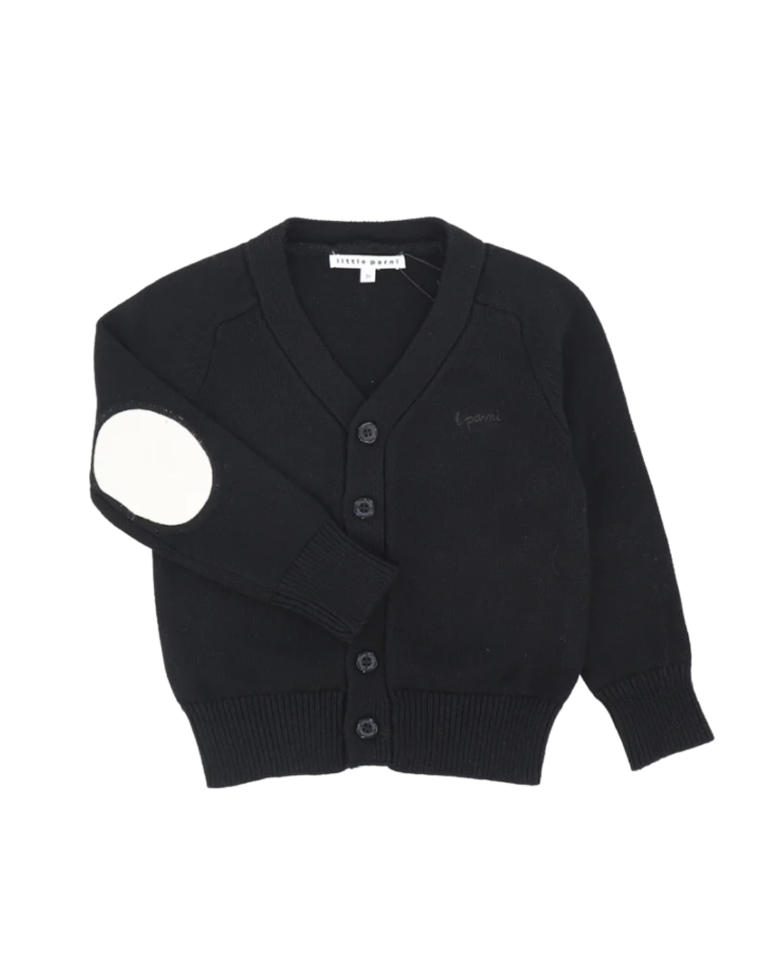 A black knit cardigan sweater with a V-neck, three-button front closure, raglan sleeves, and a contrasting white oval patch on one sleeve. The brand label 'L'Envers' is visible inside the collar.