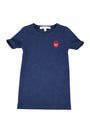 Navy blue t-shirt with a red logo on a white background