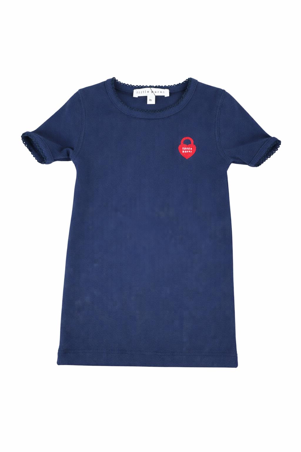 Navy blue t-shirt with a red logo on a white background