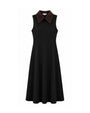 A sleeveless black midi dress with a contrasting dark brown corduroy collar, shown against a plain white background.