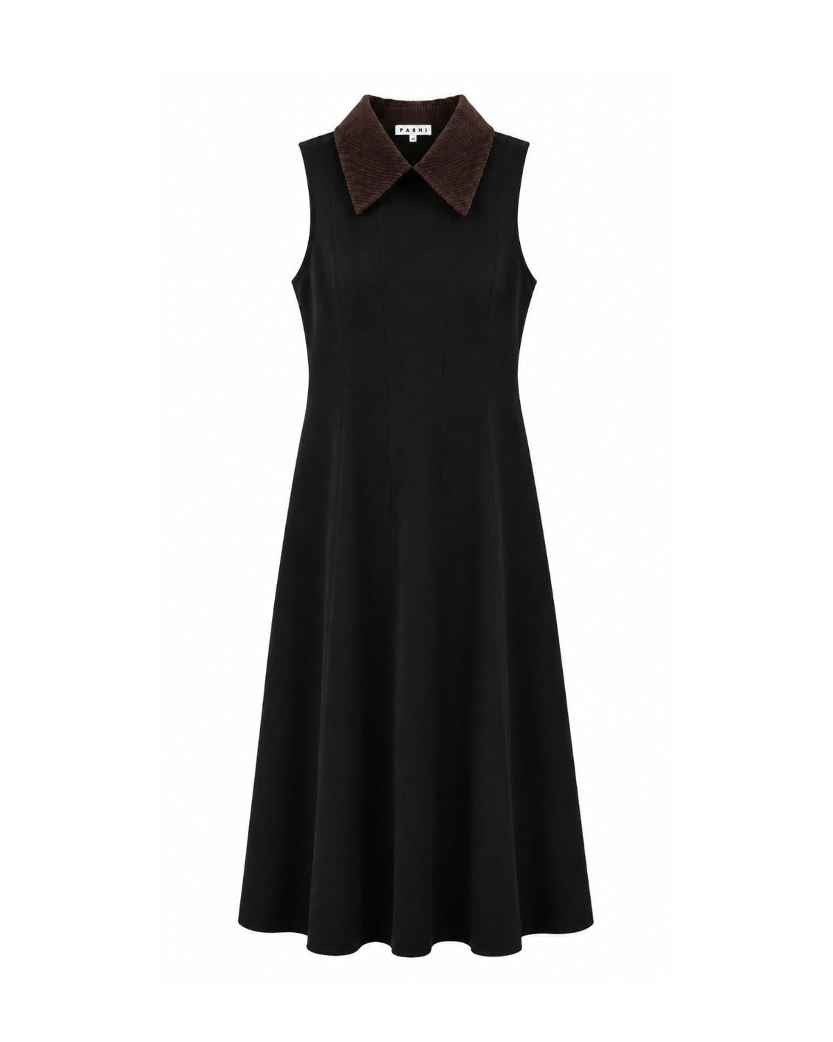A sleeveless black midi dress with a contrasting dark brown corduroy collar, shown against a plain white background.