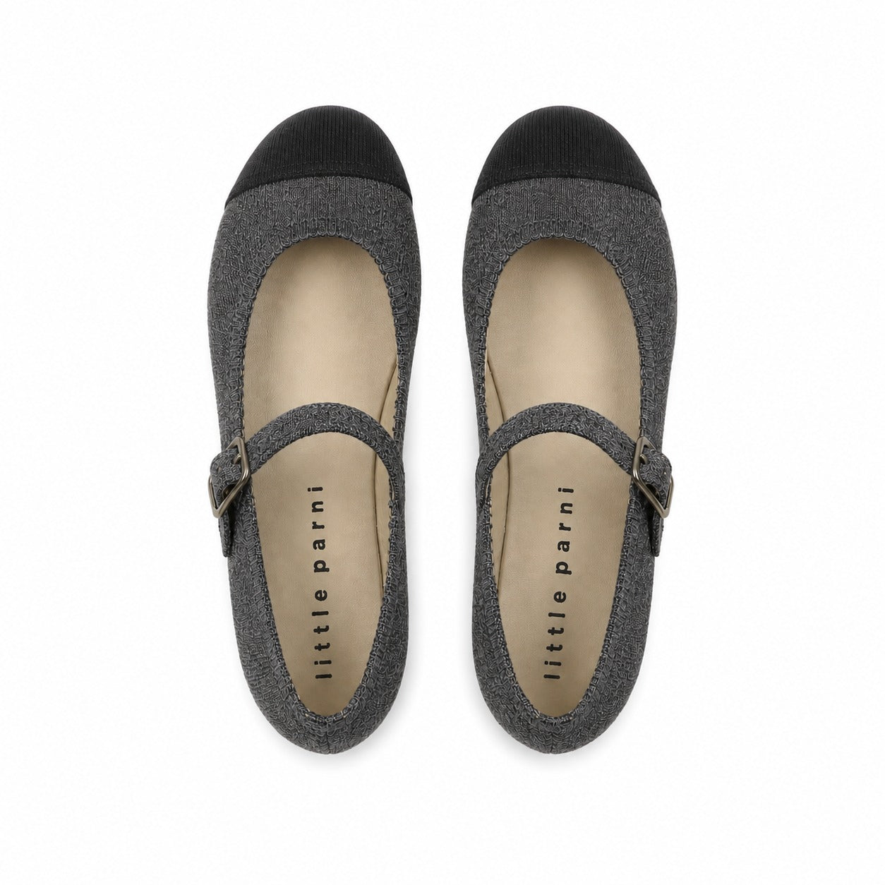 A pair of Little Narni grey felt Mary Jane shoes with black toe caps, shown from a top-down view on a white background.