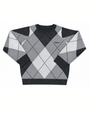 A long-sleeve crewneck sweater featuring a geometric argyle pattern in shades of gray, black, and white, with a small embroidered logo on the left chest.