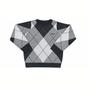 A long-sleeve crewneck sweater featuring a geometric argyle pattern in shades of gray, black, and white, with a small embroidered logo on the left chest.