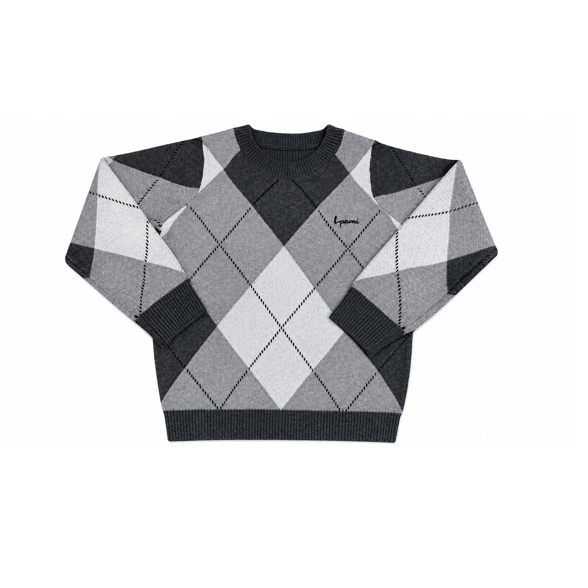 A long-sleeve crewneck sweater featuring a geometric argyle pattern in shades of gray, black, and white, with a small embroidered logo on the left chest.