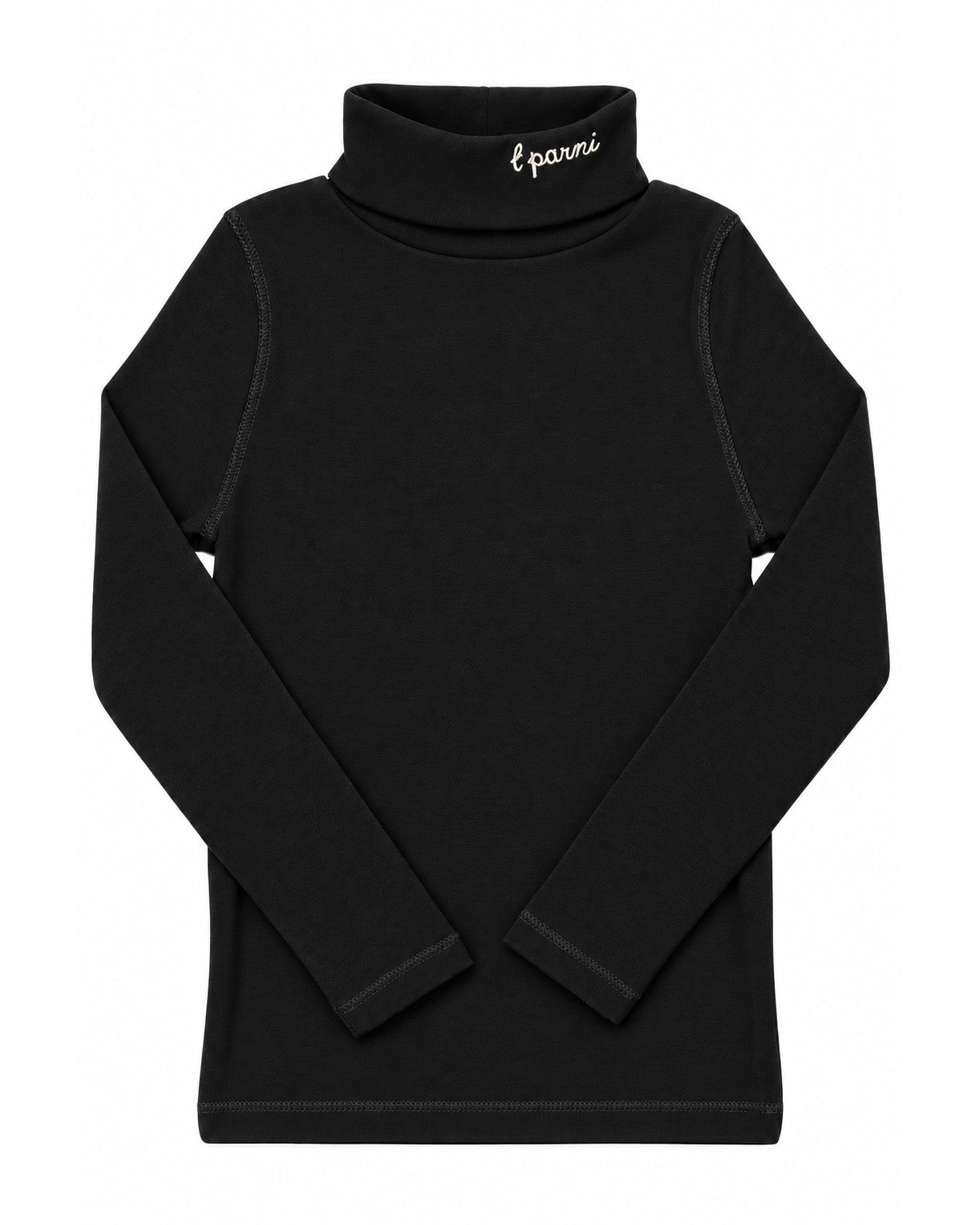 A black long-sleeve mock neck turtleneck top with 'l'parisi' embroidered in white on the collar, displayed flat against a solid white background.
