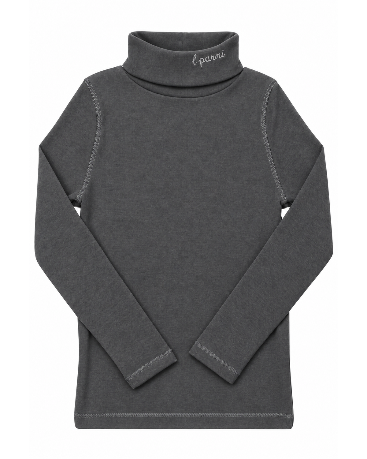 A dark gray long-sleeve turtleneck top with 'l'parmi' embroidered on the collar, shown flat against a white background.