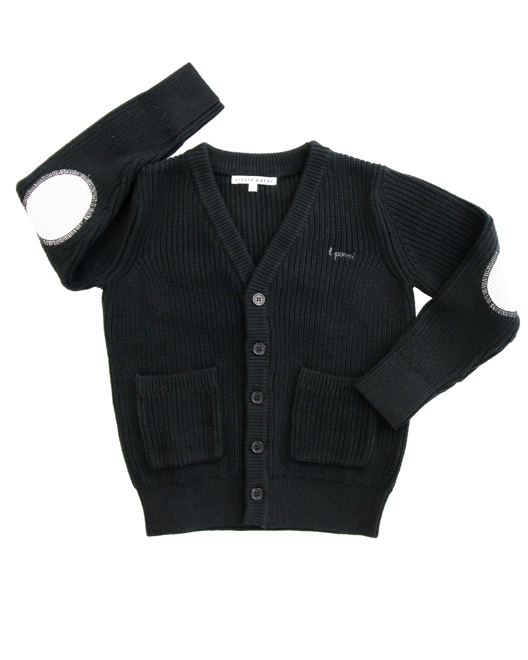 Black cardigan with elbow patches on a white background