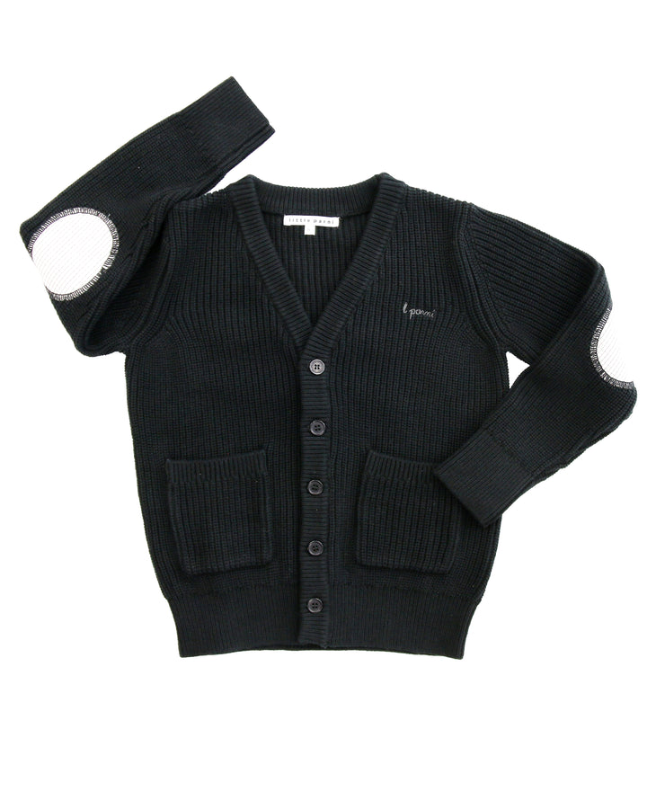Black cardigan with elbow patches on a white background