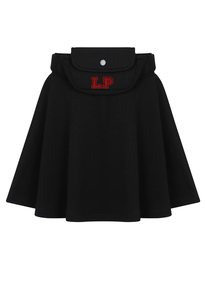 Black cape with 'LP' logo on a white background