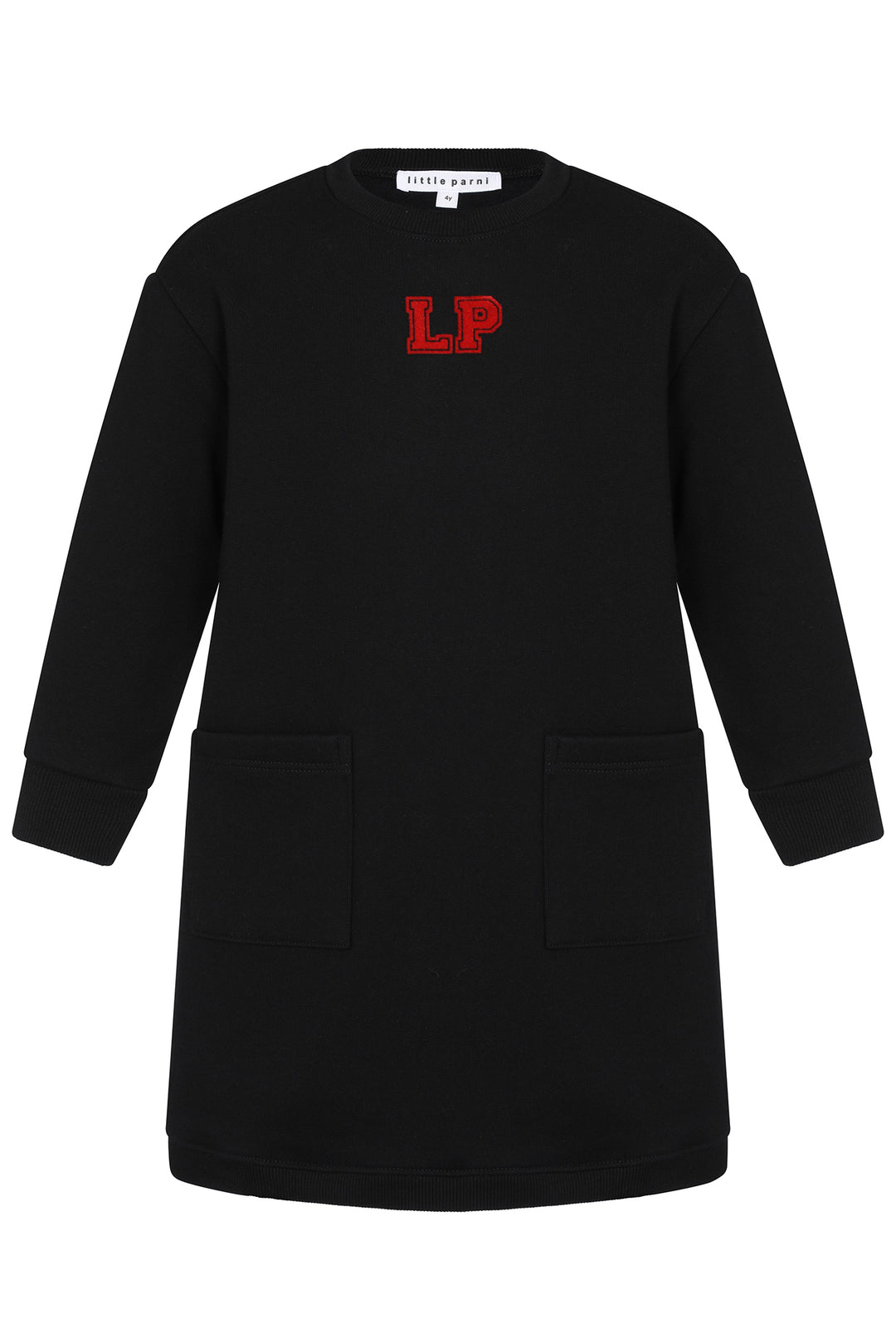 Black dress with red letters 'LP' on a white background