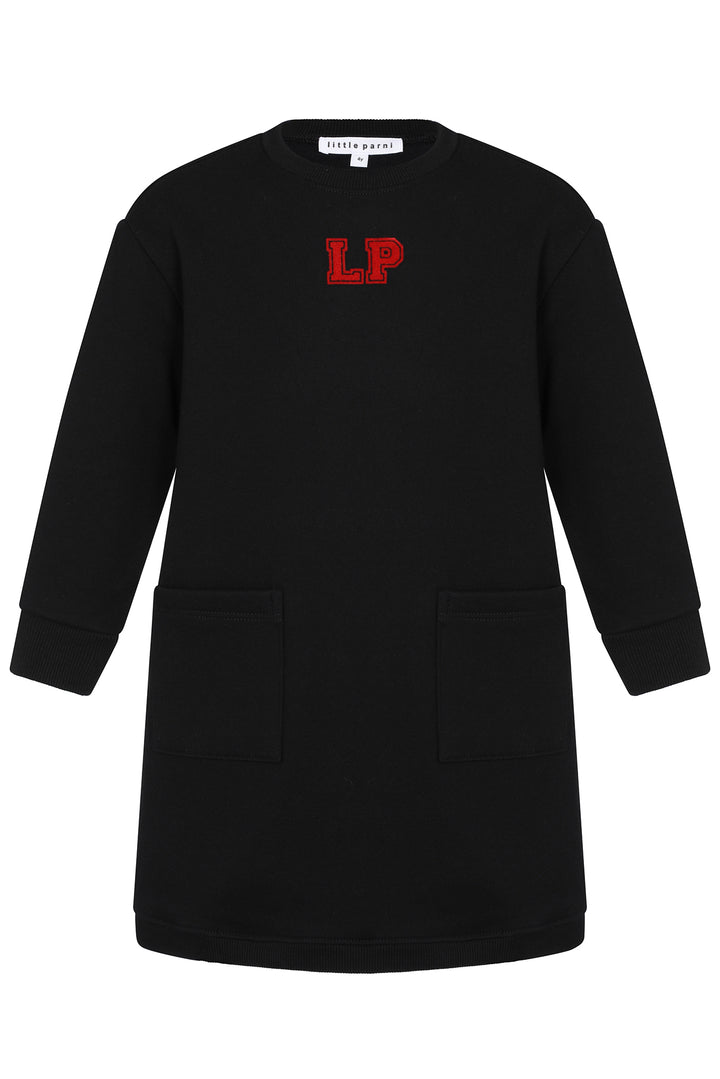 Black dress with red letters 'LP' on a white background