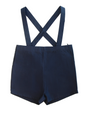 Navy blue shorts with suspenders on a white background