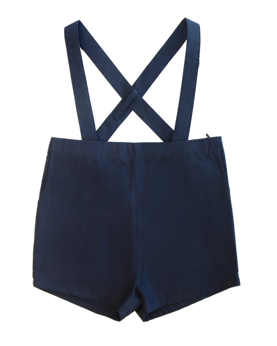 Navy blue shorts with suspenders on a white background