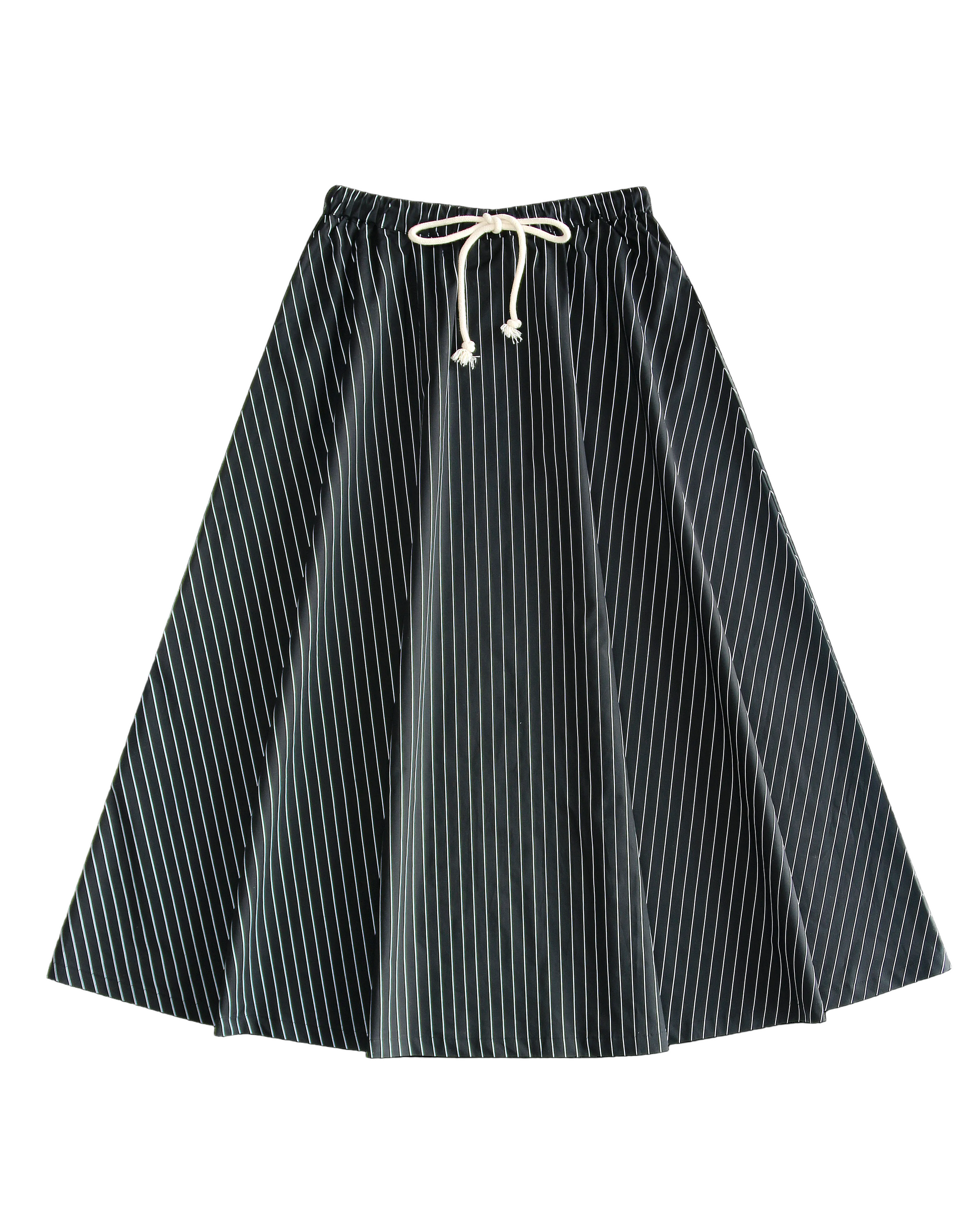 Black and white striped skirt with drawstring on a white background