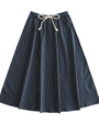 Navy blue and white striped skirt with a drawstring on a white background