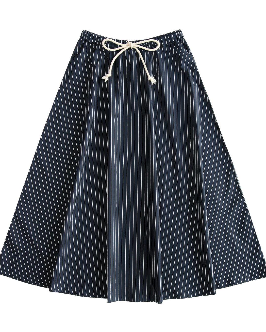 Navy blue and white striped skirt with a drawstring on a white background