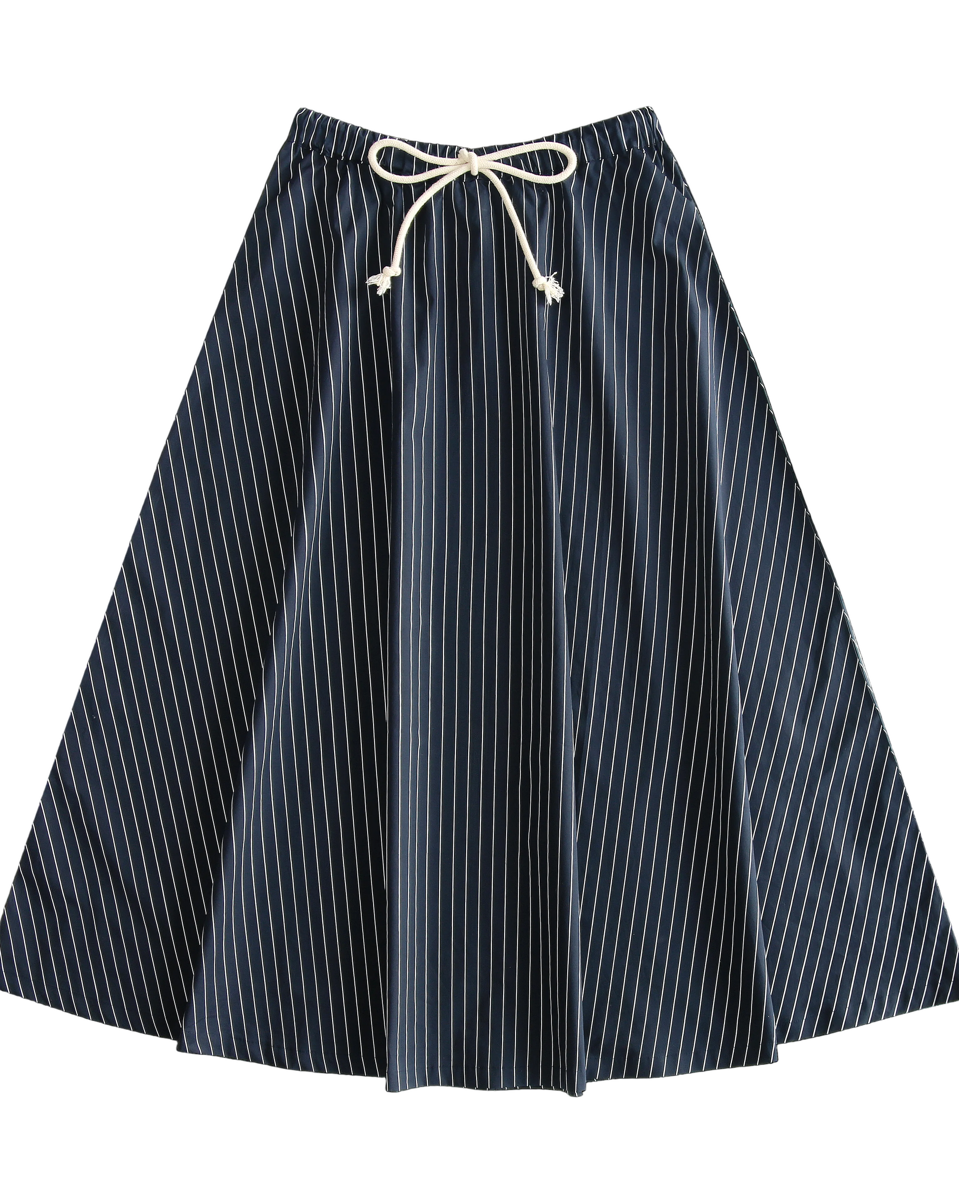 Navy blue and white striped skirt with a drawstring on a white background