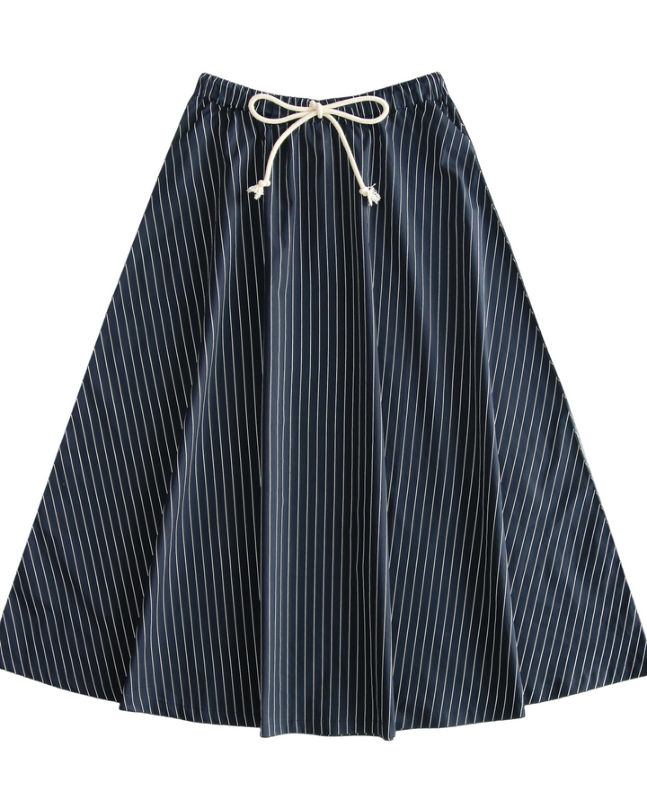 Navy blue and white striped skirt with a drawstring on a white background
